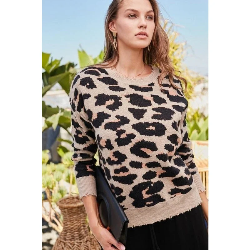 Cable Knit Sweaters for Classic Look -Women's Round Neck Long Sleeve Frayed Edge Leopard Print Light Taupe Sweater