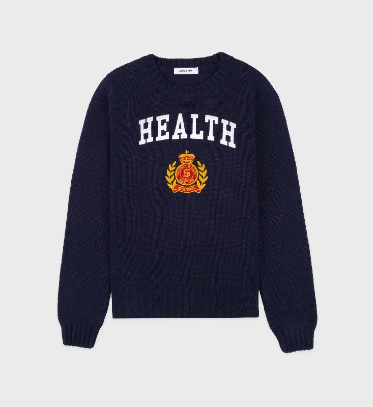 Round Neck Sweaters for Casual Comfort -NY Health Crest Knitted Sweater - Navy/White/Gold