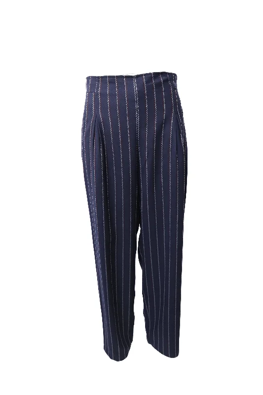 Wide Leg Pants for Petite Women -Ganni Pinstripe Wide Leg Pants in Blue Polyester