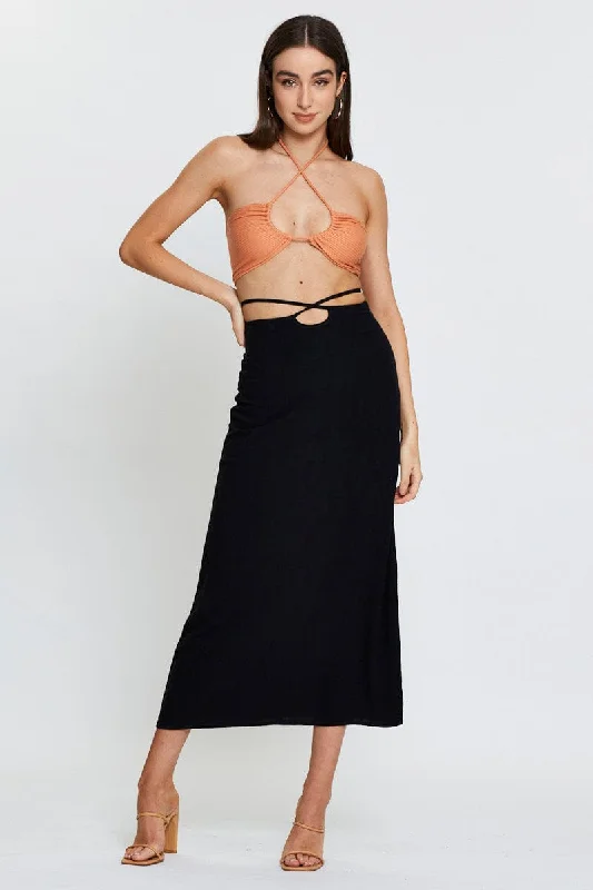 Trendy midi skirts for modern fashionistas -Black Linen Blend Wrap Tie Waist Maxi Skirt