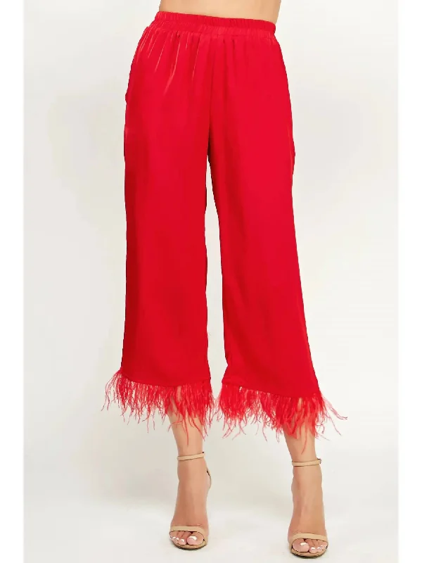 Foncy Feather Trim Pants In Crimson