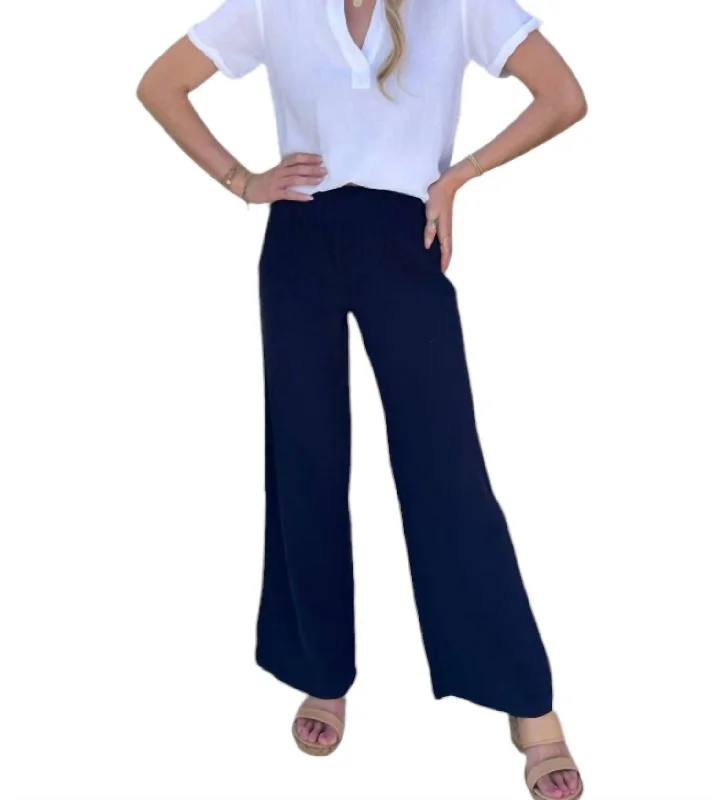 Wide Leg Pants for Date Nights -Smocked Waist Wide Leg Pants In Navy