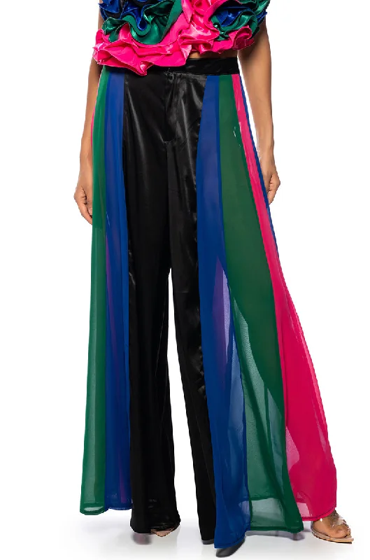 Wide Leg Pants for Graduation Ceremonies -JUST MY LUCK SATIN WIDE LEG MESH PANEL PANT