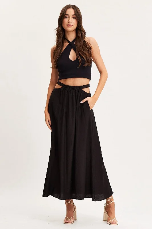 Lightweight cotton skirts for summer ease -Black Maxi Skirt High Rise Cut Out