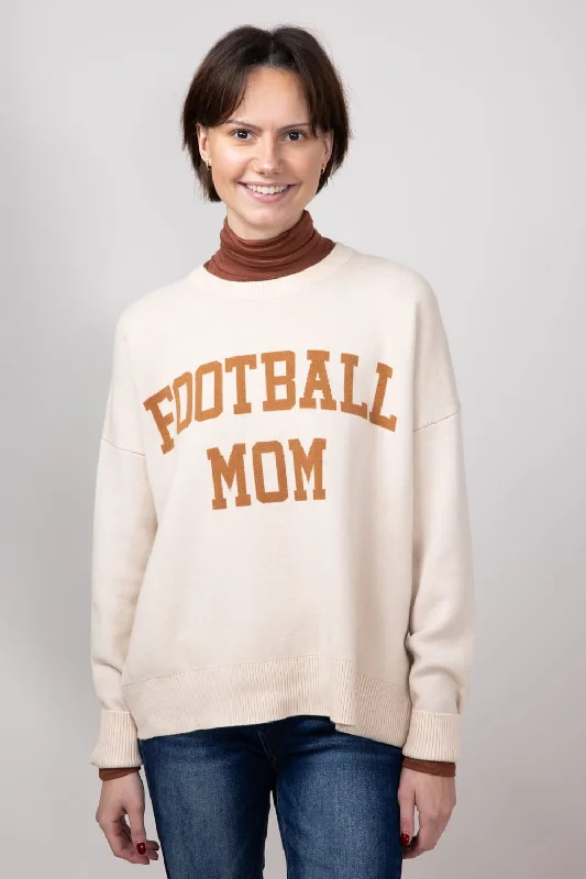 Side - Slit Sweaters for Stylish Detail -Football Mom Sweater for Women in Cream/Light Brown | GW18FBM-CRMBRN