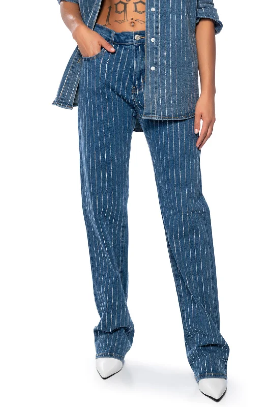 Wide Leg Pants for Tall Women -EFFORTLESS GLAM RHINESTONE STRIPE WIDE LEG JEAN