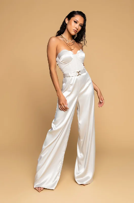 Silk Wide Leg Pants for Luxurious -THE ONE AND ONLY WIDE LEG STRAPLESS JUMPSUIT WITH ATTATCHED BELT LIGHT GREEN