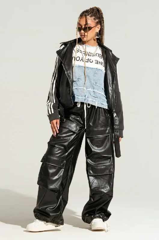 Wide Leg Pants with Ruffles -RICK WIDE LEG FAUX LEATHER PANT