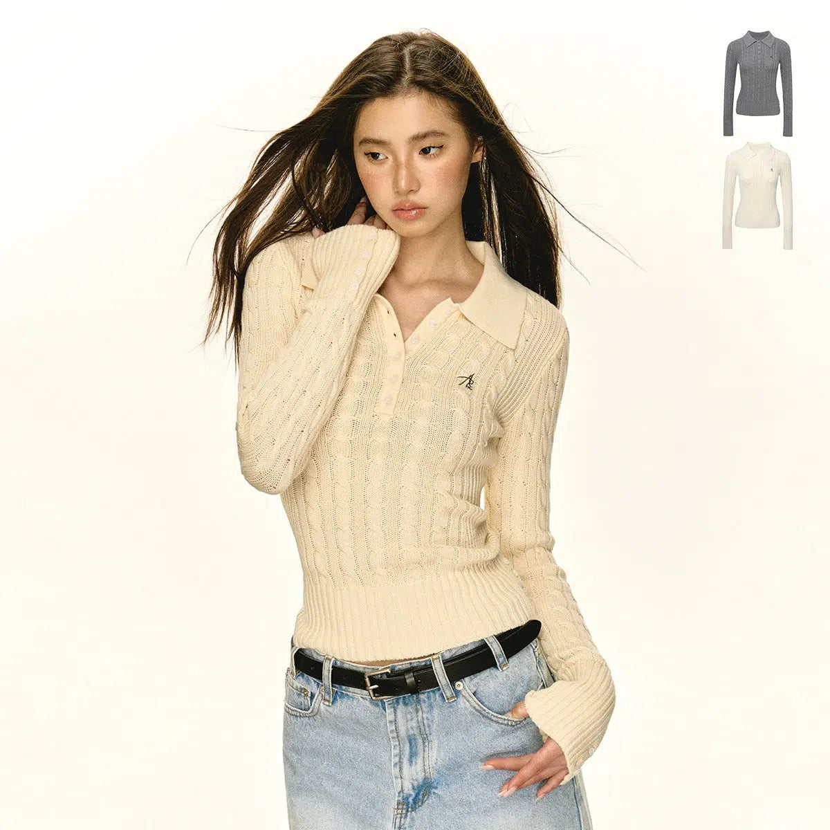 Round Neck Sweaters for Casual Comfort -Embroidered Detail Cable Knit Sweater