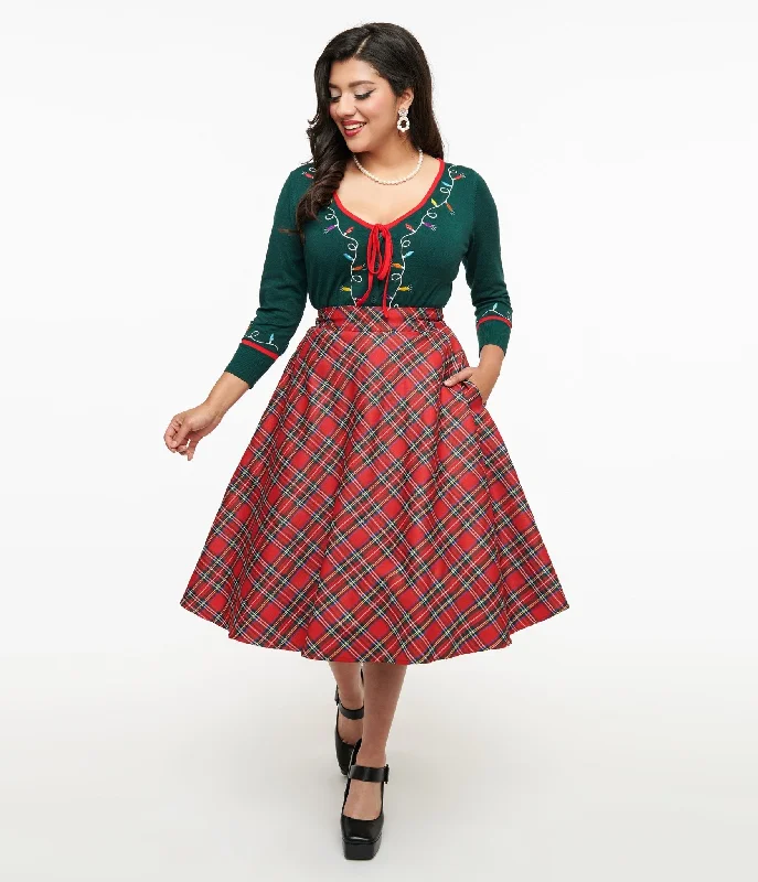 Cute mini skirts for trendy casual outings -Unique Vintage 1950s Red Plaid High Waist Vivien Swing Skirt