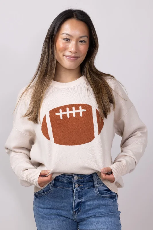 Beaded Sweaters for Sparkling Effect -Football Graphic Sweater for Women in Cream | GW18FB-CRMBRN