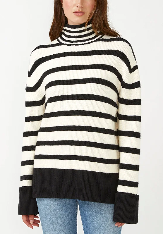 Regular - Fit Sweaters for Standard Size -Drew Women's Funnel Neck Sweater in Black & White Stripe - SW0020F