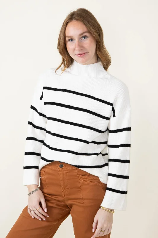 Acrylic Sweaters for Affordable Price -Pencil Stripe Mock Neck Sweater for Women in Ivory | MT1552-IVORY