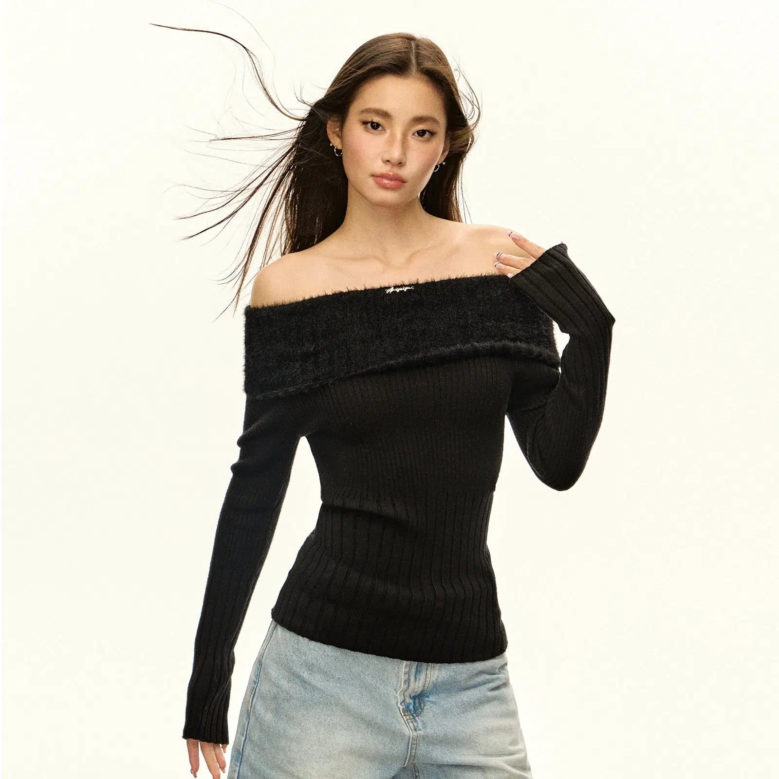 Outdoor - Activity Sweaters for Hiking -Off-Shoulder Ribbed Knit Sweater