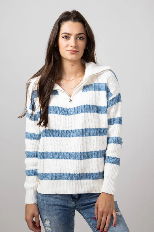 Turtleneck Sweaters for Cold Weather -Simply Southern Stripe Quarter Zip Sweater for Women in Sandy Ocean | PP-0224-SWTR-QTRZIP-OCEAN