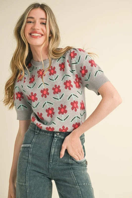 Eco - Friendly Sweaters for Green - Conscious -Floral Short Sleeve Sweater (Gray)