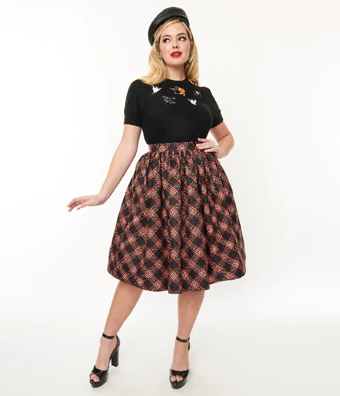 Designer pencil skirts for sharp professional looks -Unique Vintage 1950s Black & Orange Plaid Gellar Swing Skirt