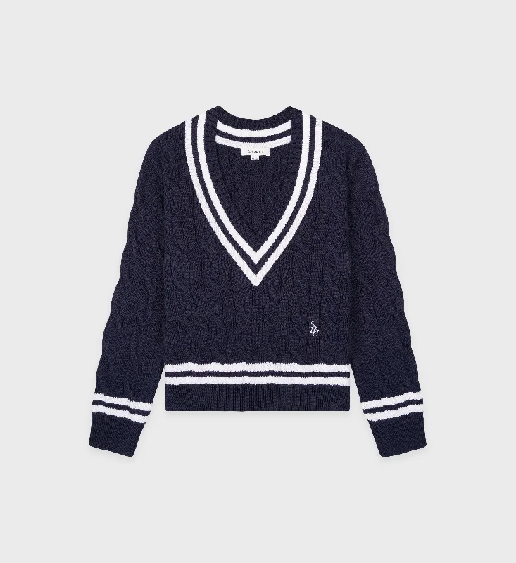 Off - Shoulder Sweaters for Sexy Look -SRC Cableknit V-Neck Sweater - Navy/White