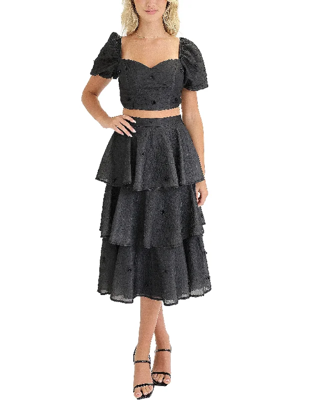 Designer skirts for luxury fashion flair -Textured Floral Top & Tiered Ruffle Skirt Set- 2 Pc Set