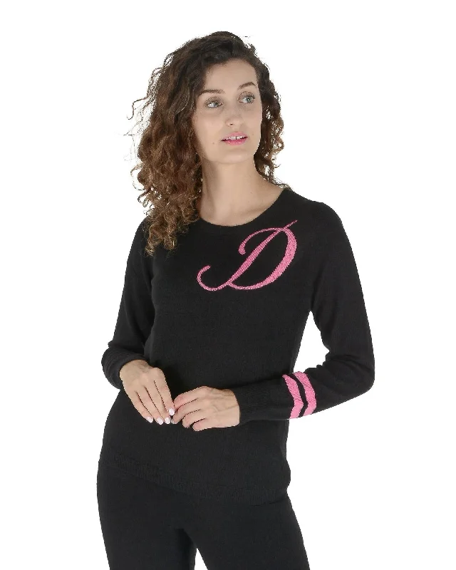 Stretch - Fit Sweaters for Comfort -Crown of Edinburgh Cashmere Women's Black Cashmere Sweater with Pink 'D' Embroidery  Luxury 100% Cashmere Sweater - Black with Pink Detail - Crown of Edinburgh  Crown of Edinburgh Cashmere: Women's Long Sleeve Round Neck Knit Jumper