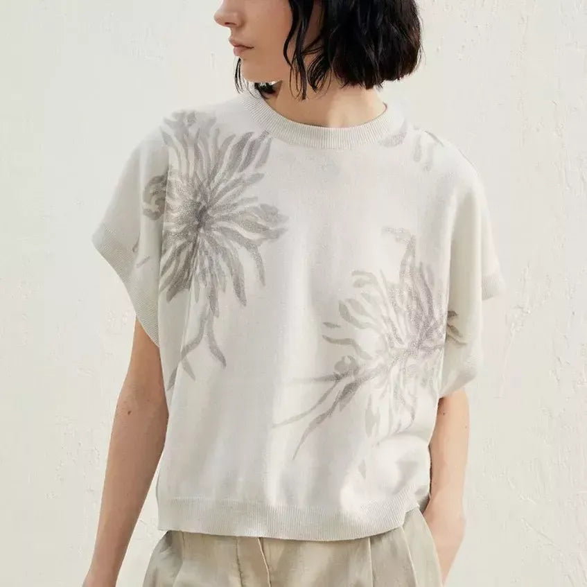 Women's Cashmere Sweaters for Elegant Style -Seaweed Floral Print Cashmere-Silk Blend Sweater