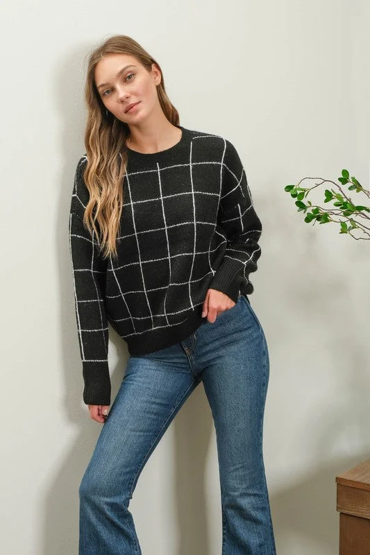 Halter Neck Sweaters for Stylish Look -Grid Print Sweater (Black)