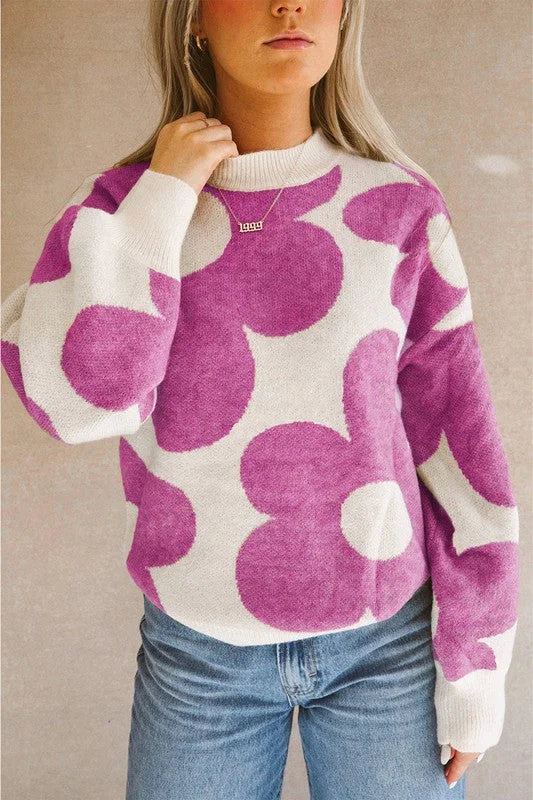 Zip - Up Sweaters for Functional Design -Floral Drop Shoulder Sweater (Magenta)