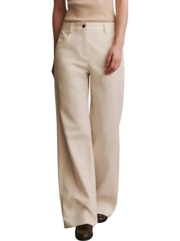 Wide Leg Pants with Embroidery -Puddle Cotton Linen Wide Leg Pants In Bone