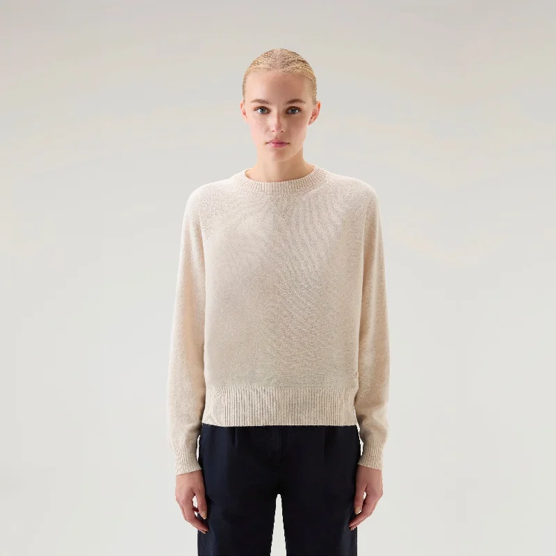 Wrinkle - Resistant Sweaters for Easy Care -Crewneck Sweater in Wool Blend Milky Cream