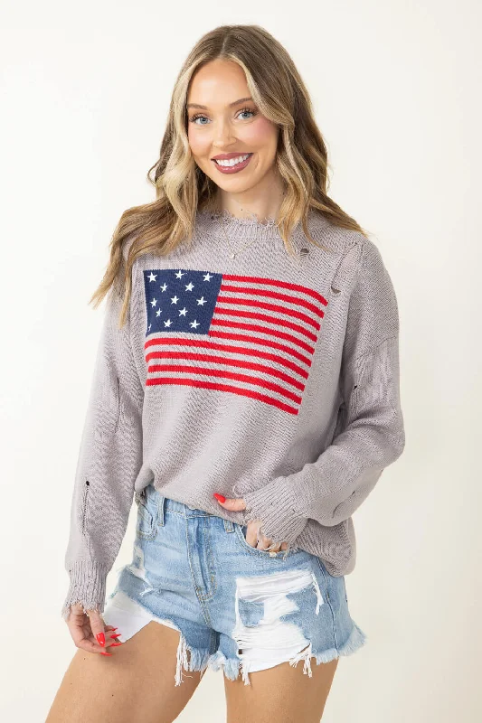 UV - Protective Sweaters for Outdoor -Miracle American Flag Distressed Sweater for Women in Grey | L2402-SILVER