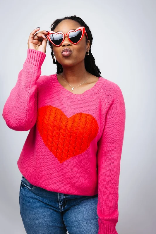 Oversized Cardigan Sweaters for Cozy Look -Miracle Textured Heart Sweater for Women in Hot Pink and Red | M9147-HPINKRED