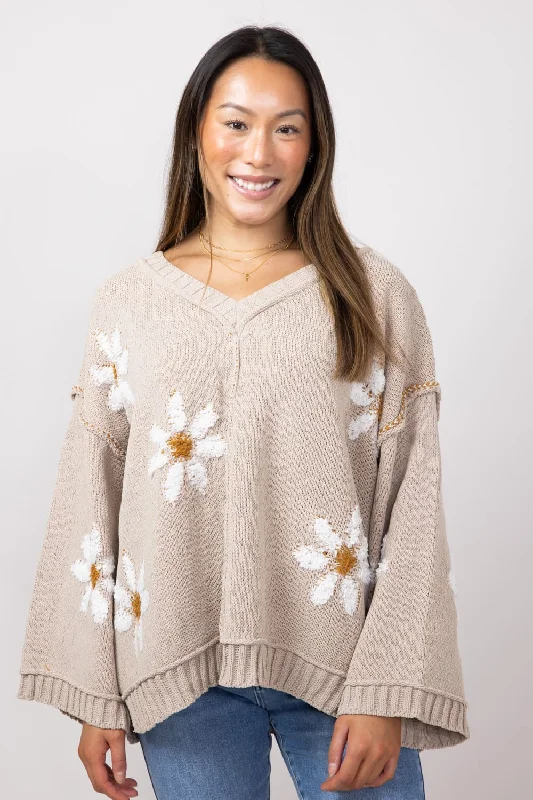 Sequined Sweaters for Glamorous Look -Miracle V Neck White Floral Sweater for Women in Taupe | 7418-TAUPE