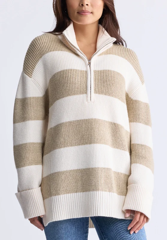 Cable - Trimmed Sweaters for Added Detail -Storme Women's Striped Quarter-zip Oversized Sweater, Tan & White - SW0089H