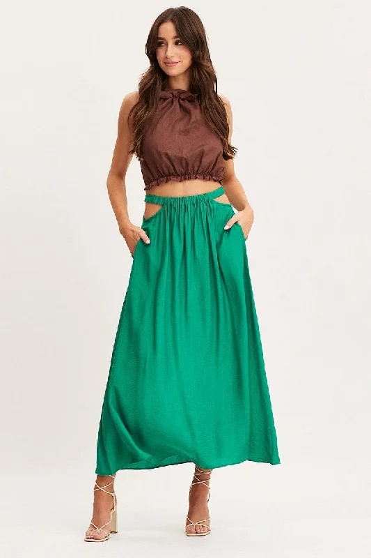 Patterned skirts with geometric print edge -Green Maxi Skirt High Rise Cut Out