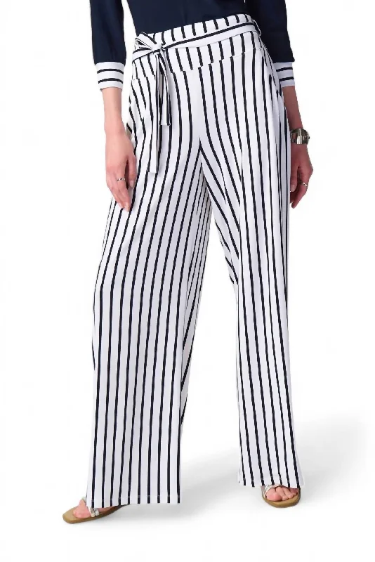 Wide Leg Pants with Fringe -Striped Silky Knit Wide Leg Pants In Vanilla/midnight Blue