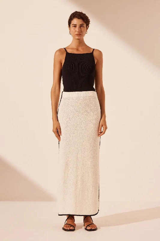 Classic skirts with subtle texture weave -LENA SIDE SPLIT MAXI SKIRT - IVORY/BLACK