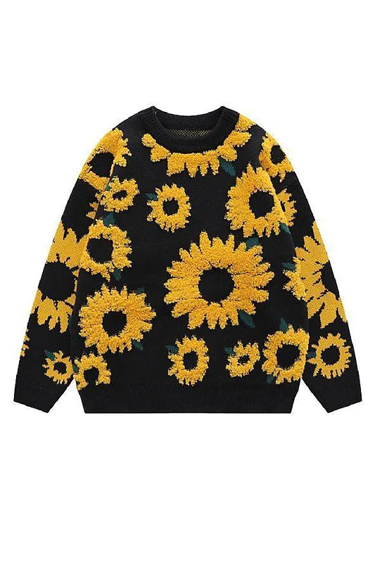 V - Neck Sweaters for Slimming Effect -Round Neck Black Chrysanthemum Sweater