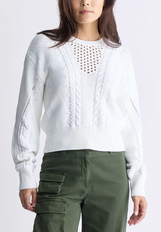 Cable - Trimmed Sweaters for Added Detail -Camellia Women's Cable Knit Sweater, Wood Ash - SW0072F