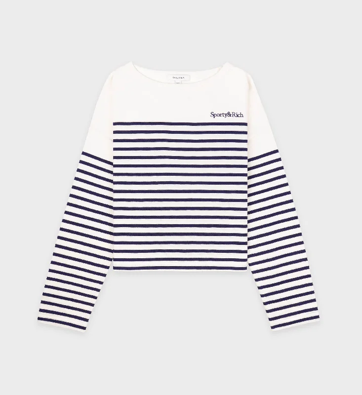 Solid Color Sweaters for Simple Elegance -Serif Logo Mariniere Sweater - Off White/Navy Stripe