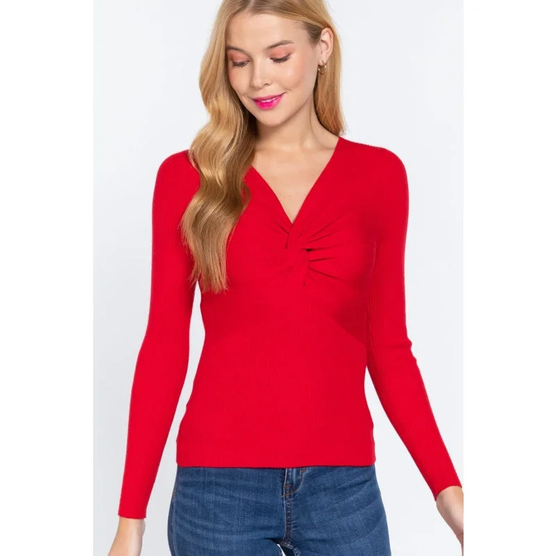 One - Shoulder Sweaters for Asymmetric Design -Casual Stylish Fashion Women's Red Long Sleeves V-neck Knotted Sweater