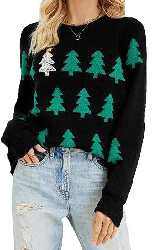 Mock - Neck Sweaters for Subtle Style -Black Christmas Tree Sweater with Long Sleeves