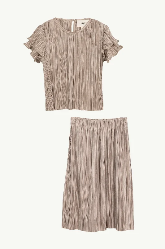 Pleated skirts with delicate pastel tones -Satin Plisse Top & Skirt Set - Taupe (Girls)