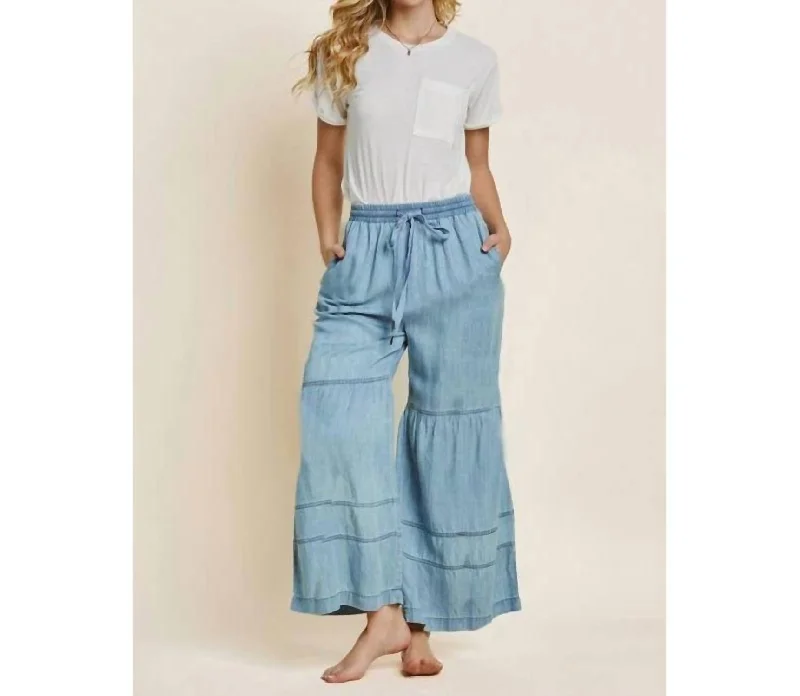 Striped Wide Leg Pants for Fashion -Maggie Tiered Wide Leg Pants In Washed Denim