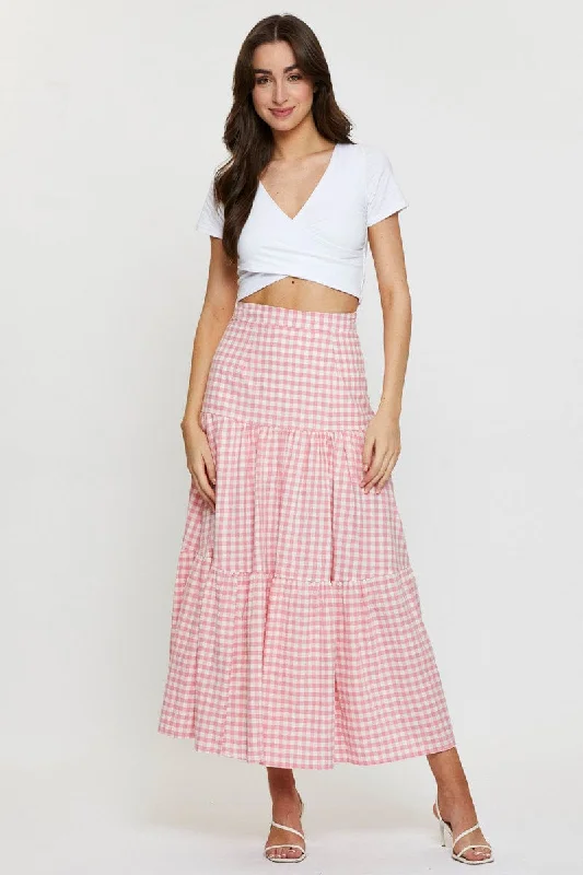 Soft skirts with gentle fabric drape -Check Elastic Waist Maxi Skirt