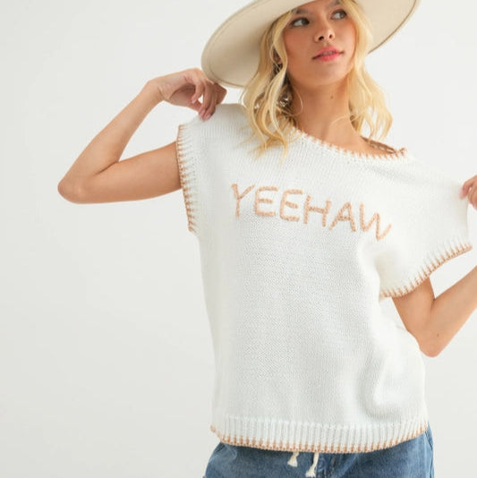 Moisture - Wicking Sweaters for Active -Women's "Yeehaw" Wordy Contrast Sweater in Cream