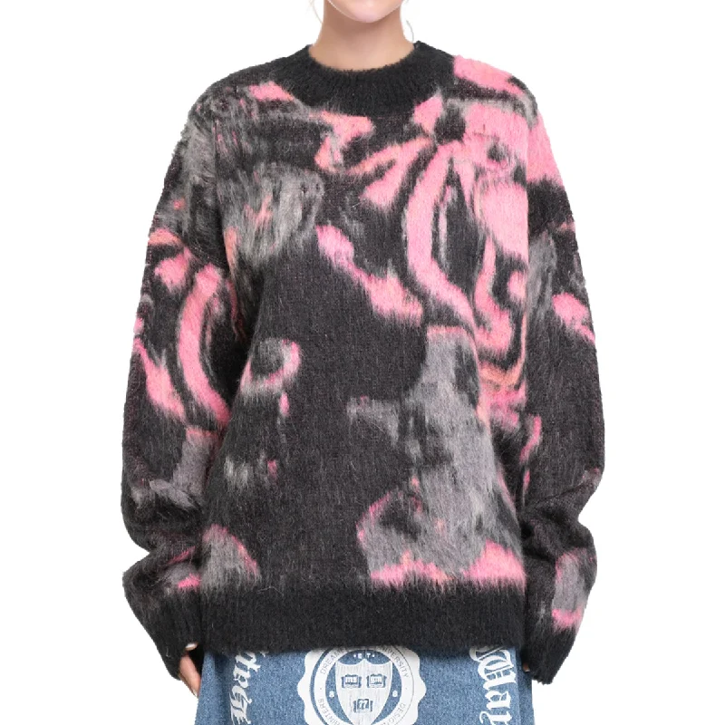 Waffle - Knit Sweaters for Chunky Texture -Rounded-collar sweater with "Magma" print Pink