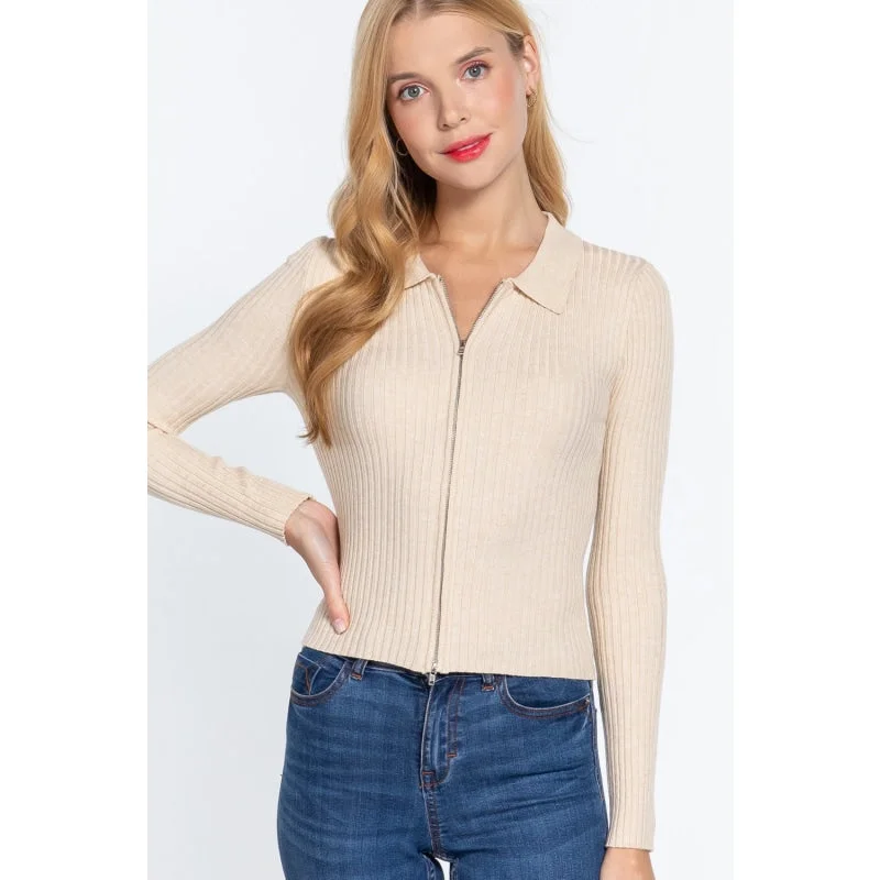 Acrylic Sweaters for Affordable Price -Stylish Women's Cream Beige Notched Collar Long Sleeves Zippered Sweater