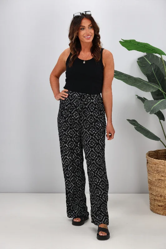 Wide Leg Pants for Business Meetings -Shine On Label Sakura Printed Wide Leg Pants Black