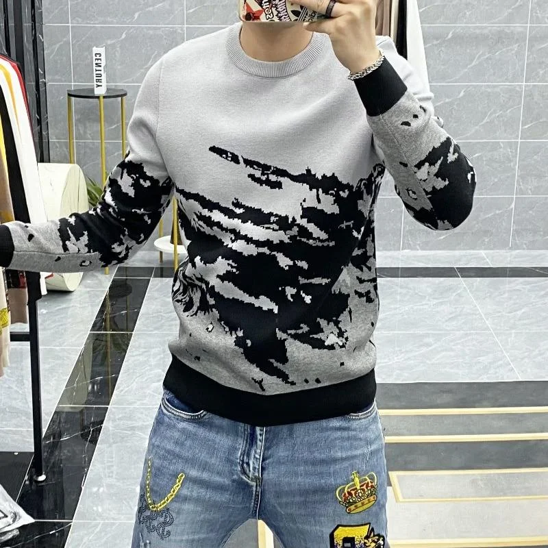 Christmas Sweaters for Holiday Spirit -Autumn Winter Men's Spliced Color Pattern Long Sleeves Pullover Sweater