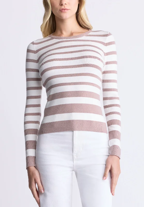 Ribbed Sweaters for Textured Look -Scotlyn Women's Striped Long-Sleeve Sweater, White & Tan - SW0103H